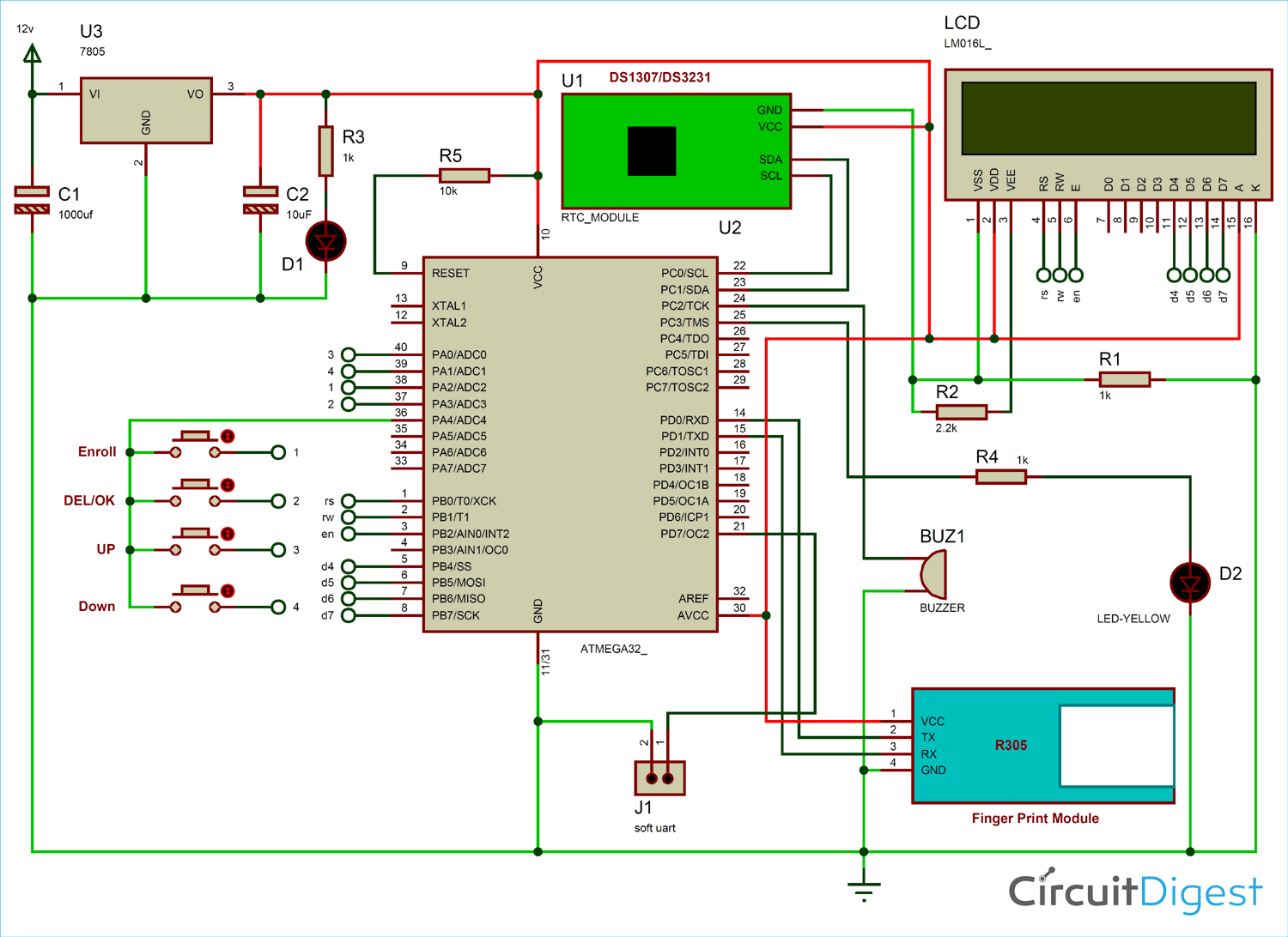 Circuit Diagram for Fingerprint Based Biometric Attendance System using AVR