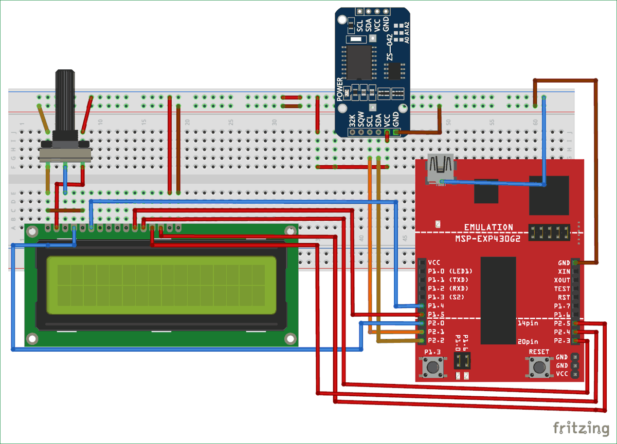 Circuit diagram for Interfacing RTC module (DS3231) with MSP430: Digital Clock