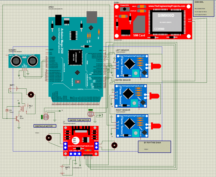 Fire Fighting Robot using Arduino and Ultrasonic Sensor Circuit Diagram