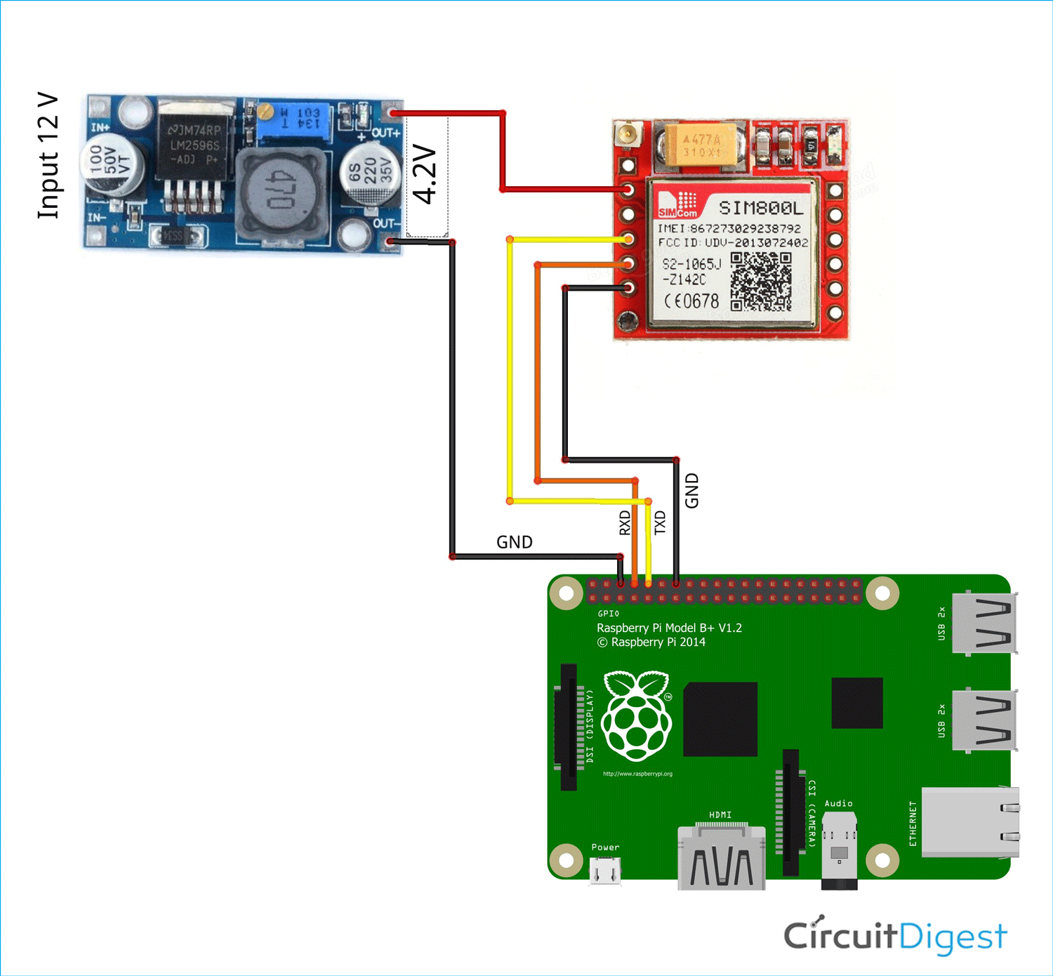 Interfacing GSM SIM800 Module with Raspberry Pi Circuit Diagram