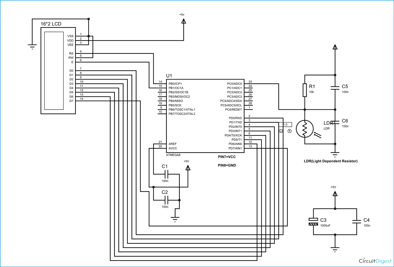 Light Intensity Measurement Circuit using LDR and ATmega8