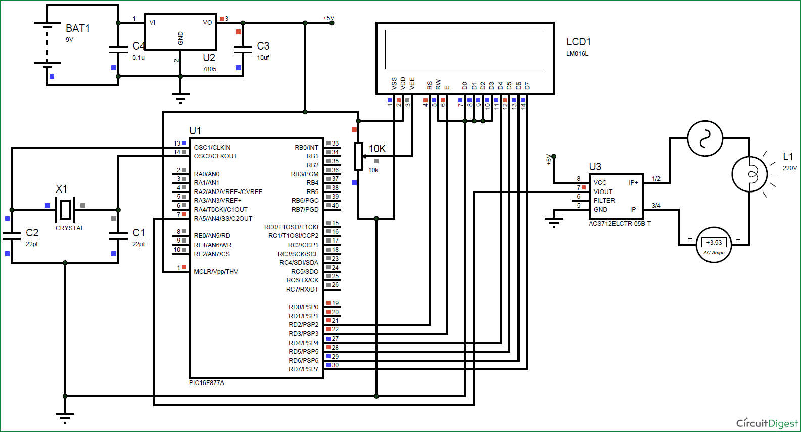 digital ammeter circuit using PIC and ACS712