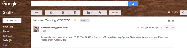 Intrusion warning email from IoT security system