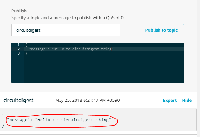 After clicking publish to topic and you should see the message