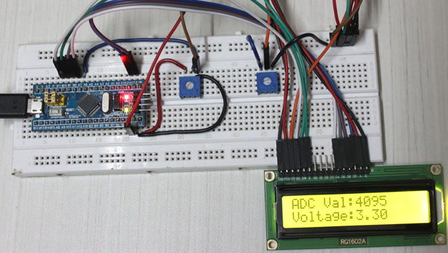 Circuit Hardware for Interfacing 16x2 LCD and Analog Input to a STM32F103C8T6