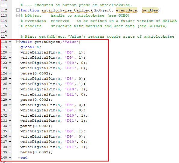 Code for rotating stepper motor in anti-clockwise direction