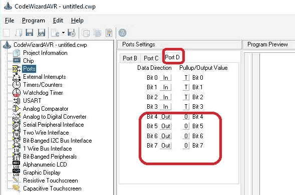 Initializing 4 pins of portD of Atmega as Output using CodeWizardAVR