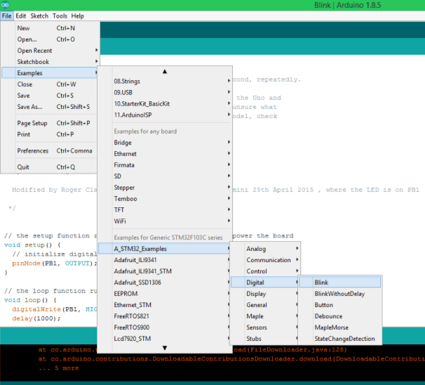 Select Blink LED example for Arduino IDE