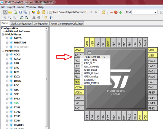 Select Pin Configuration for STM32F103C8 in STM32CubeMX