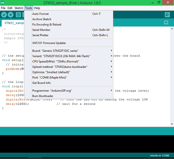 Select STM3F103C from tools of Arduino IDE