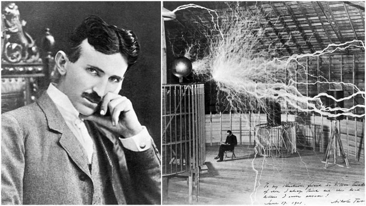 Tesla working beside Tesla coil