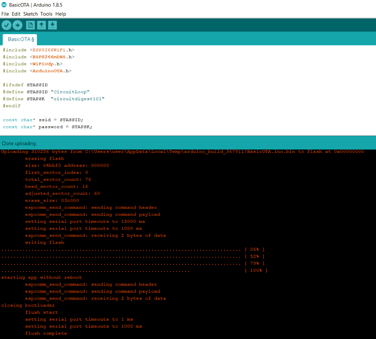 Upoading Code to NodeMCU to Receive OTA Update Wirelessly