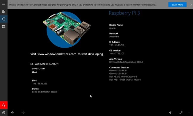 Windows 10 IoT Core device home page