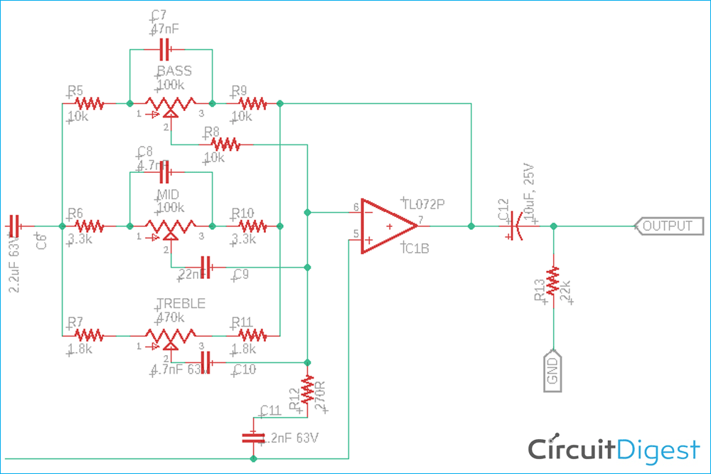 Mid Frequency Bass and Treble Control Circuit