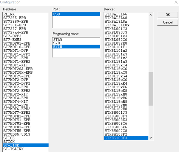 STM8S Development Board Configuration