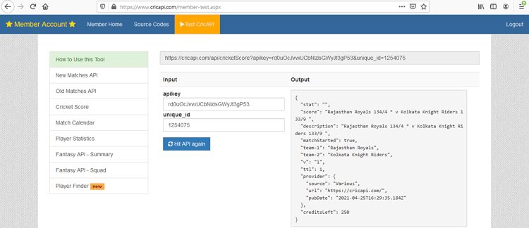 CricAPI API Setup