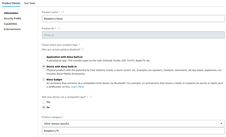 Amazon Developer Page Product Details