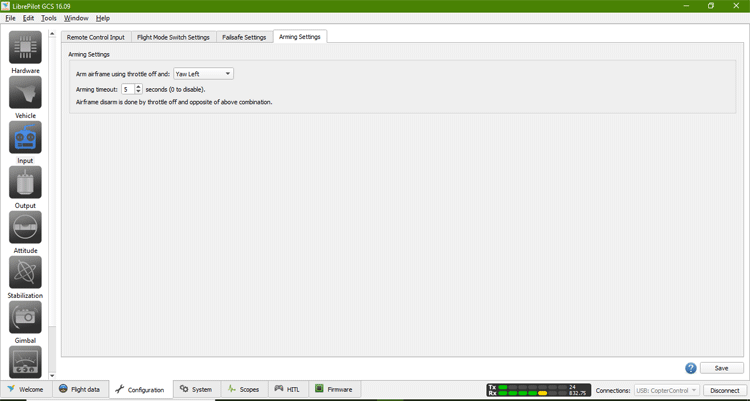 Yaw left option in Arming Settings on LibrePilot GCS