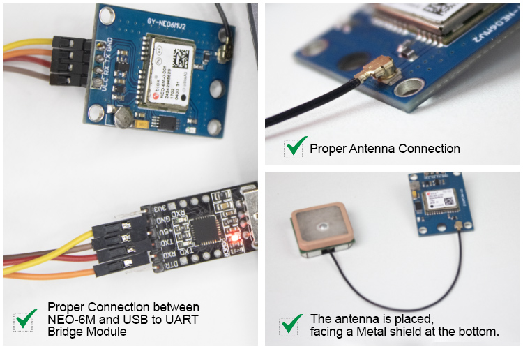 Hardware Connection for Antenna, Metal shield , CP2102 and NEO 6m