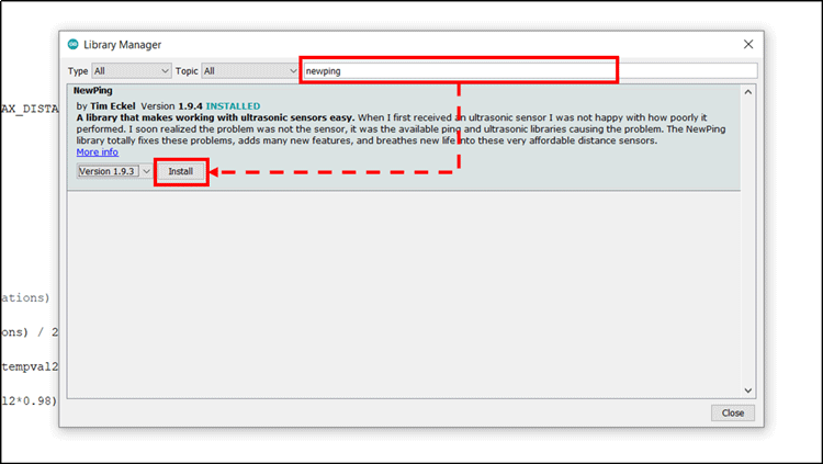 Install NewPing library 