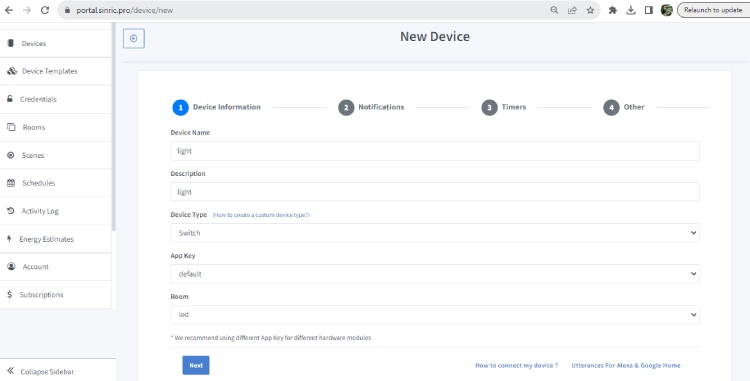 Step 2 to Add Devices in Sinric Pro