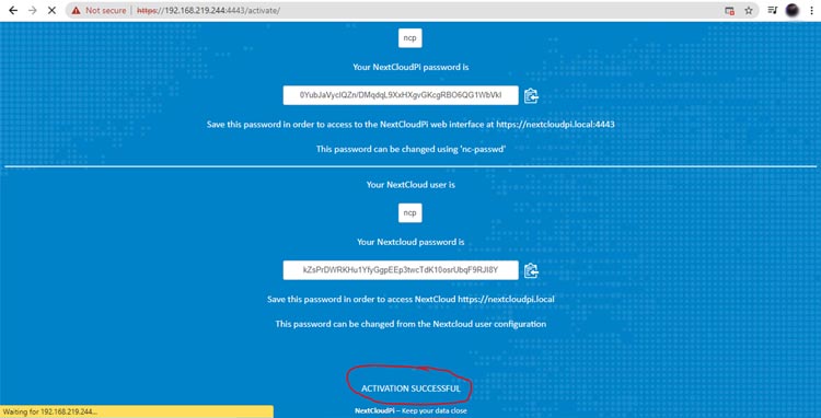 Next Cloud Pi Activation 